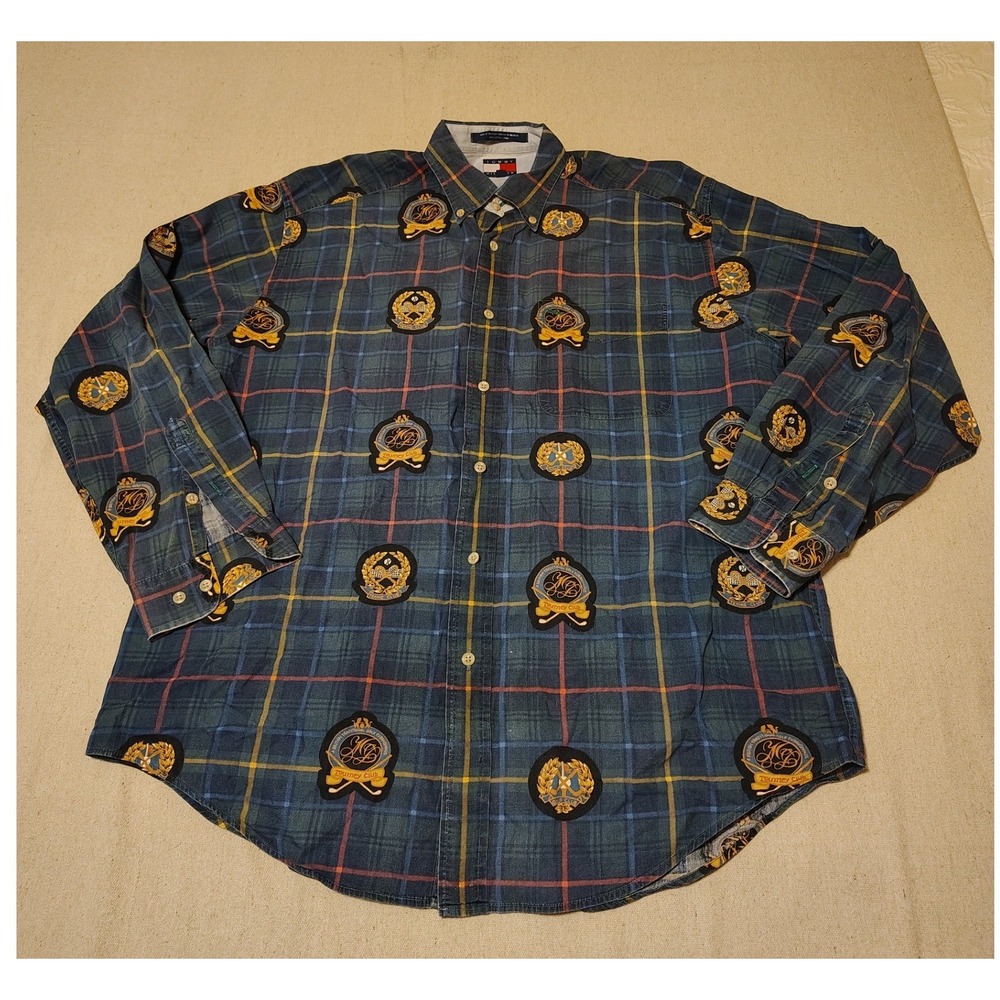 Tommy Hilfiger Vintage 90s Crest Plaid Button Down Shirt Mens Medium Golf Tennis